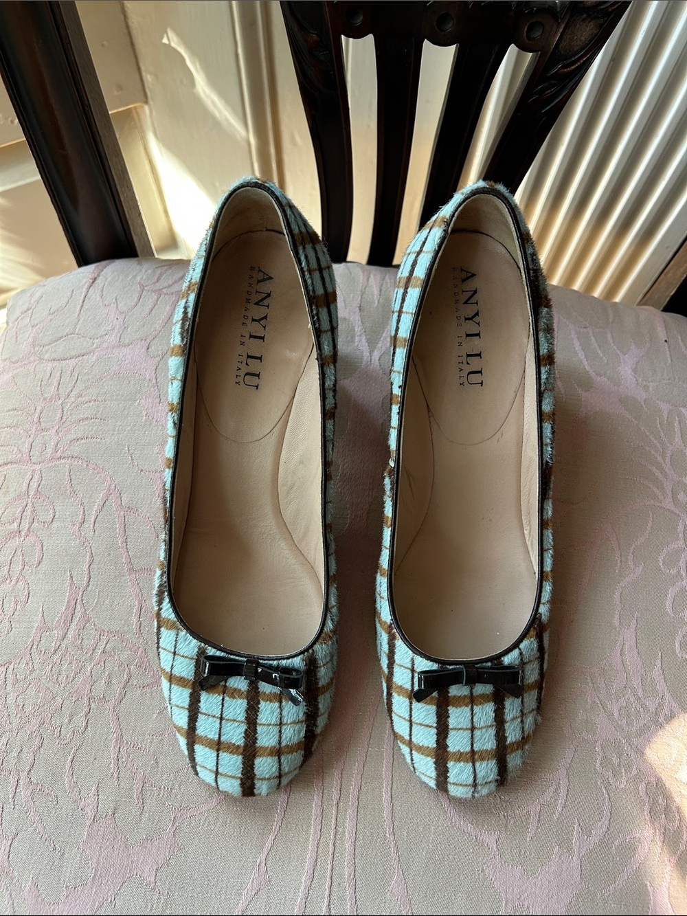 Anyi Lu Plaid Blue and Brown Ballet Flats with Bow